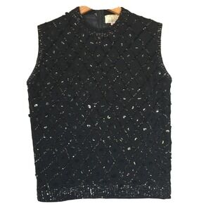 Vintage‎ Cyn Les Beaded Sequin Top Sleeveless Black Angora Wool Blend Size 34